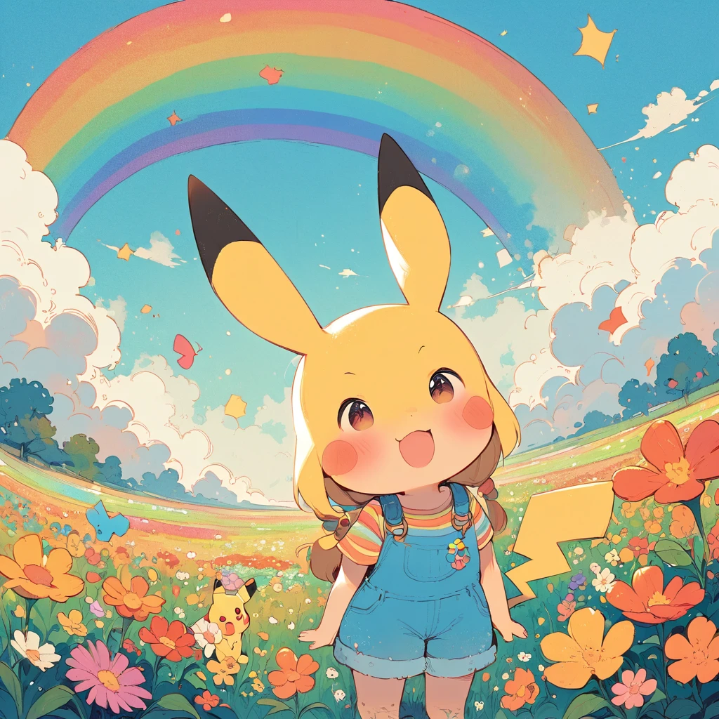 cute scene featuring Pikachu interacting with a rainbow. Use a bright and cheerful color palette with soft, painterly strokes. Pikachu should be standing joyfully at the end of a vibrant rainbow, surrounded by a field of blooming flowers and a clear blue sky. Include elements like fluffy white clouds and sun rays shining down to create a whimsical and enchanting atmosphere. The overall vibe should be warm and heartwarming, capturing the playful and magical essence of Pikachu and the rainbow.