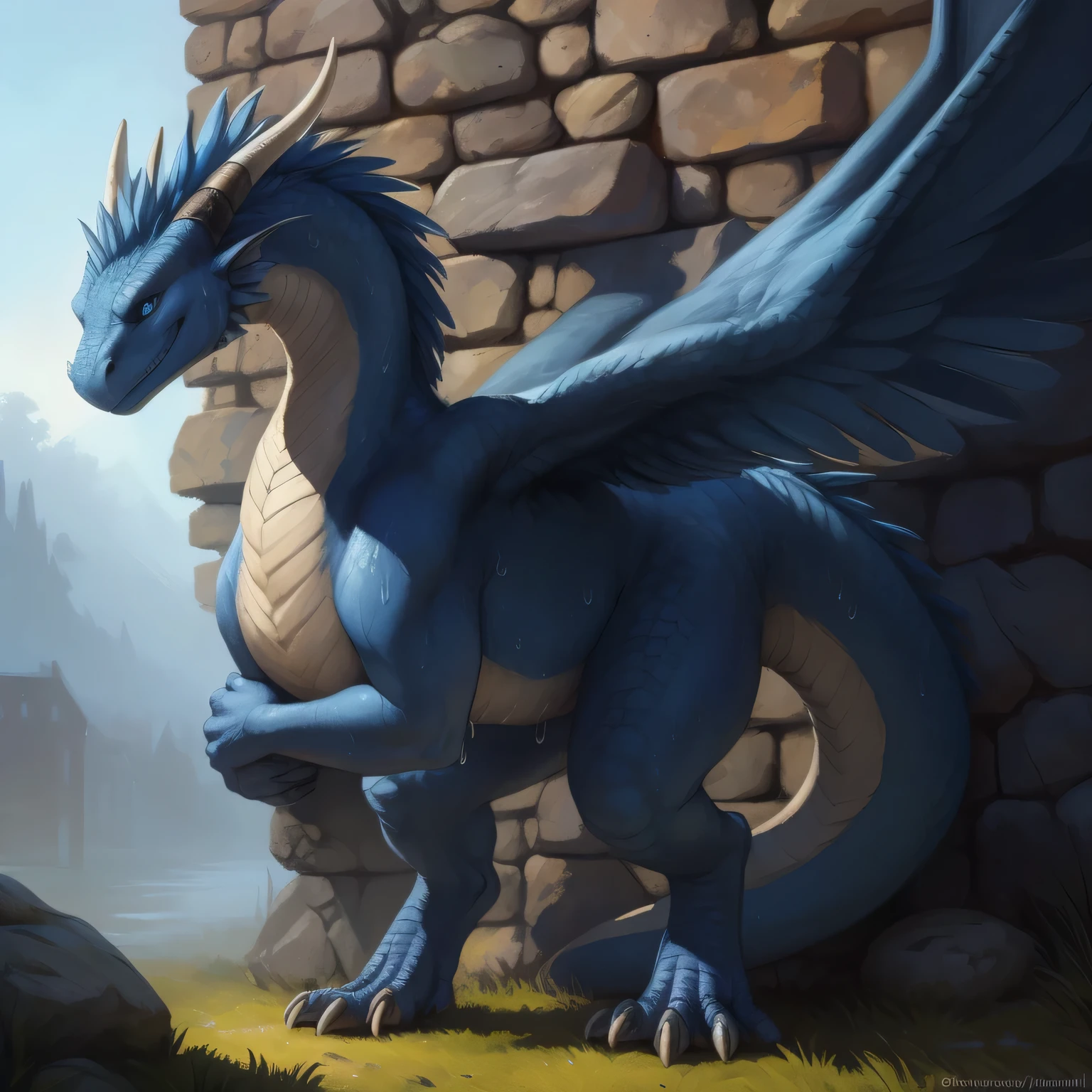 (((solo))), hd, a beautiful and detailed portrait of a big female feral scalie, dragon, saphira,naked,pussy,anus,tits golden skin, blue feathered wings, horn, (((stone wall, distant grass, dark fog, detailed background))), (((big breaths, huge , covering self))), template, blue scales, blue eyes, blue body, big body, big blue feathers, big blue scales, non-mammal breasts, membranous wings, sexy body. tan_countershading, tan body, goddess, kenket, Ross Tran,ruan jia, trending on artstation, foxovh, cenematic lighting, body, front view, close up view, medium , (((standing, arms behind back, looking at viewer, smile, sweating)))