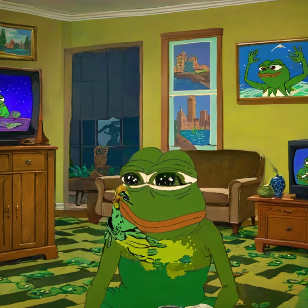 cartoon characters sitting in a living room with a television, 90s cartoon, (((pepe the frogs))) at war, 8 0 s cartoon, day of the tentacle style, cartoon from the 90's, 2 0 0 0 s cartoon, modern cartoon tv show, toads, its a deep dream, (((pepe the frog))), cartoon network style 1 boy 