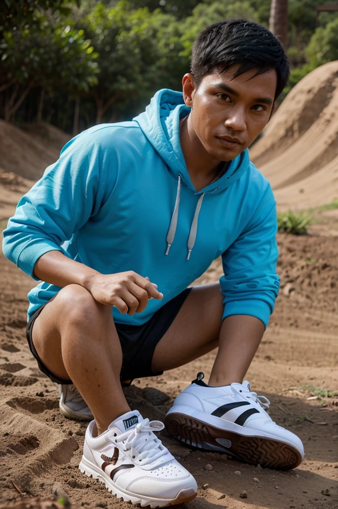 4D caricature of Indonesian man with short hair wearing hoodie and sneakers riding a dirt bike hyper-realistic high contrast high color effect 8k focus detail