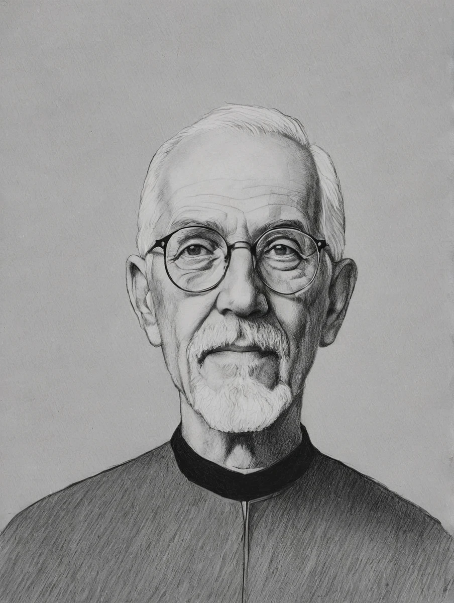 (a drawing of:2) black and white draw of a priest in his 60s with white short hair and a goatee, thin glasses, in the art style of Dino Battaglia
