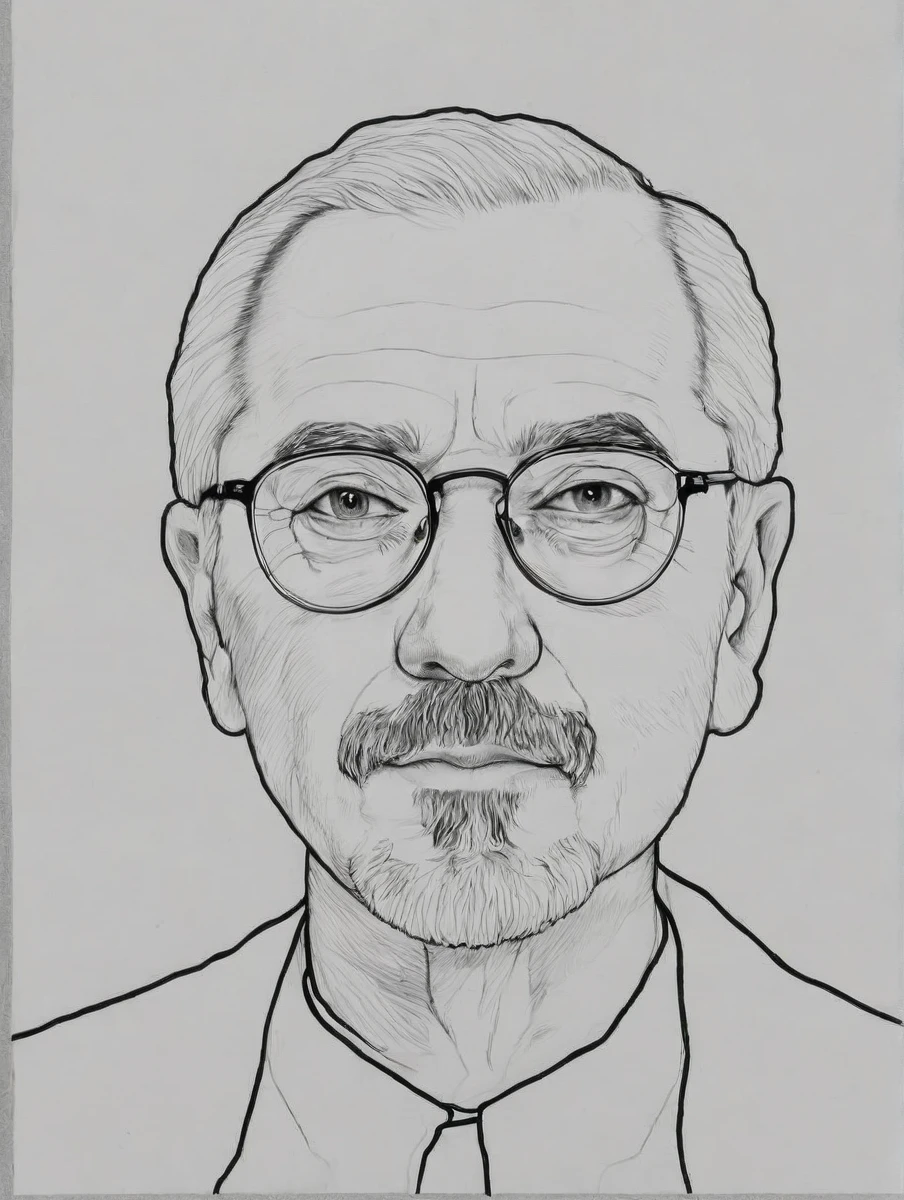 (a drawing of:2) black and white draw of a priest in his 60s with white short hair and a goatee, thin glasses, in the art style of Dino Battaglia