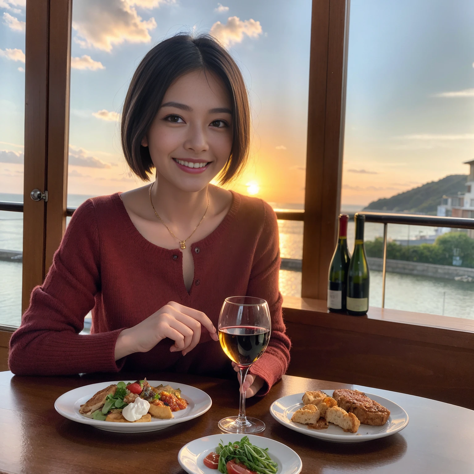 ((Highest quality、8K、masterpiece:1.3))、 (Ultra-realistic、 Genuine、Bright image、Intricate details:1.2), 最高のsmile、1 male、1 female、Beautiful couple、love love love、A lover who resembles Miki Nakatani、Good friends、actress couple、smile、Full-course dinner at a packed table、 (Slim face), (the body is slim), (Brown Hair), (short hair), テーブルのwine glass、Please shine a light on my face、 Amazing view of the sunset sky and clouds、 years old 39 years old, red wine 、Appetizers、Wine bottle、sparkling wine、Long sleeve shirt、dress、White wine, red wine, wine glass,