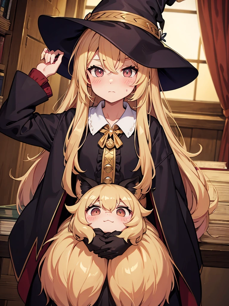 douchebag, 200-year-old witch, Long golden hair, blush, There's magic in her hands