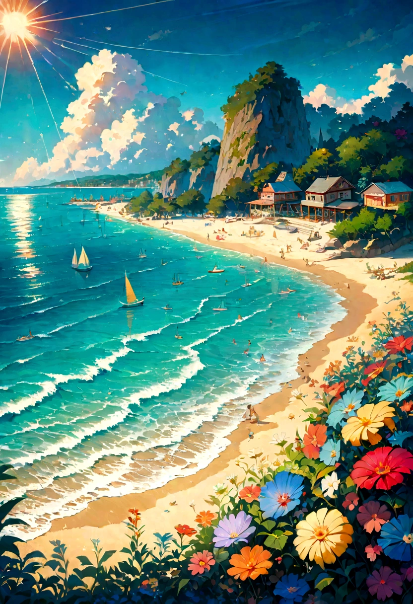 Studio Ghibli-style illustration showcasing a beach, with crystal clear water , and vibrant flowers. The sun's rays dance across the scene, creating a breathtaking display of nature's beauty. sailing boats on the beach sand ,Let our AI bring this stunning 8k resolution masterpiece to life ,surreal masterpiece, vivid colors.