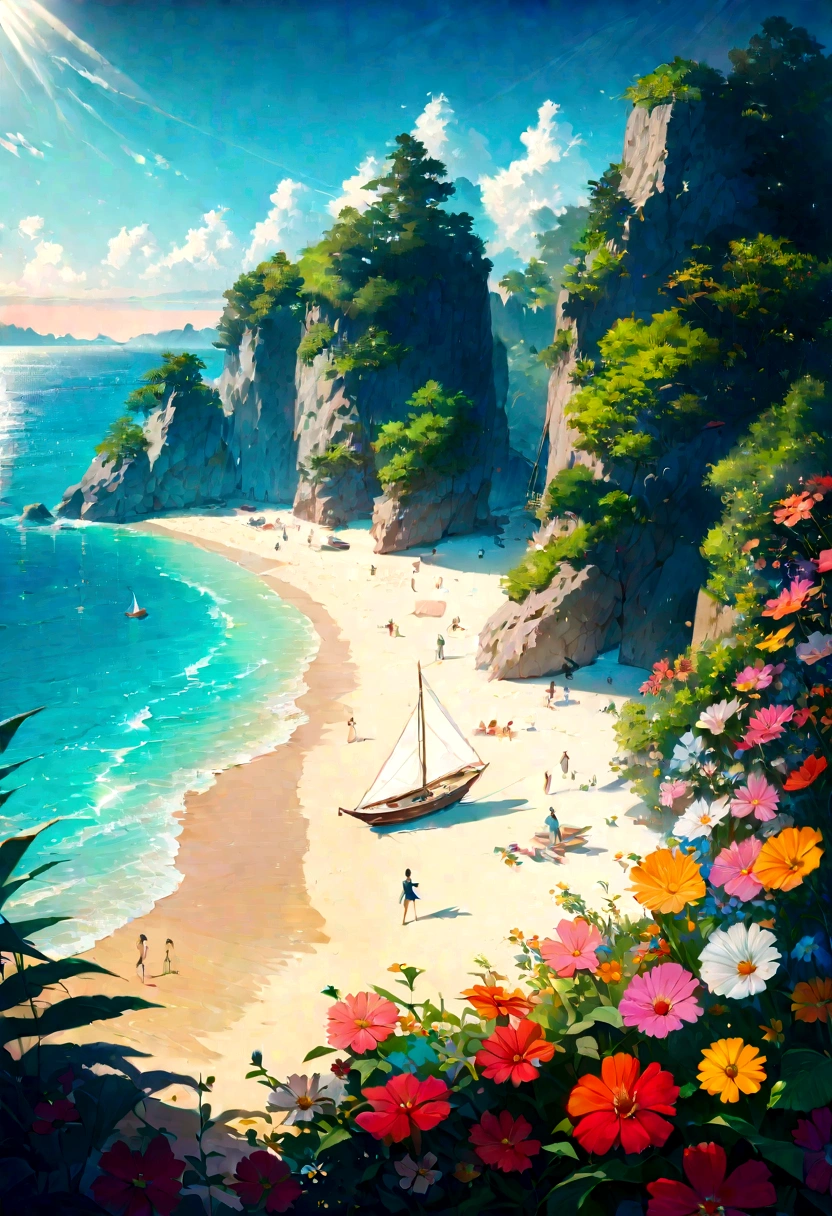 Studio Ghibli-style illustration showcasing a beach, with crystal clear water , and vibrant flowers. The sun's rays dance across the scene, creating a breathtaking display of nature's beauty. sailing boats on the beach sand ,Let our AI bring this stunning 8k resolution masterpiece to life ,surreal masterpiece, vivid colors.