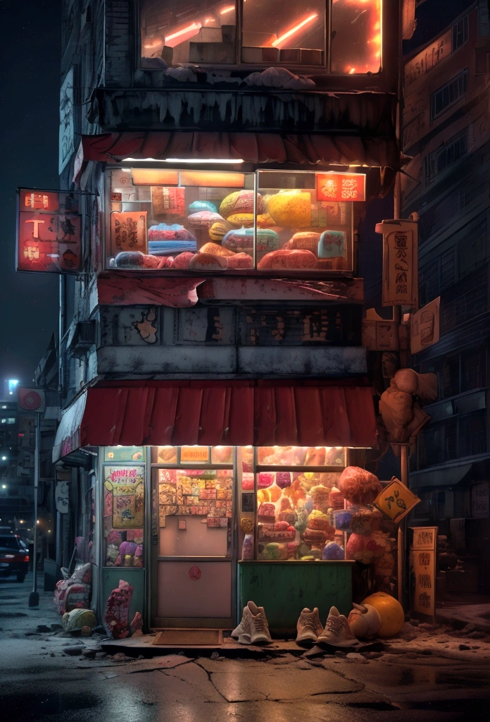 8k，((looking at the camera in:1.2)),(nearing perfection:1.4),dynamic,smooth private parts,Focus sharp,Lighting,Vibrant brushstrokes, bold colour,Be expressive, Emotional, offcial art,Unity8k wallpaper,ultra - detailed,Beautiful and beautiful,tmasterpiece,Best quality at best,1 girl,beautiful eyes，The content is very detailed,dynamic,(Ruffled skirt)，(medium:1.3),Chaos in its most beautiful form,Elegant,designs,Vibrant colors,(Corner store，fleeing，the night，shoe)，