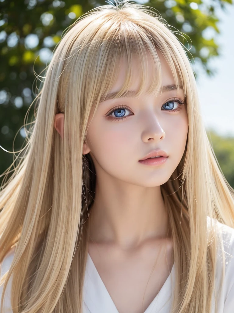 clear shiny skin、18 year old cute sexy little beautiful face、Bright blonde super long straight hair that shines in the light、Her hair dances in front of her cute and beautiful face...、Silky long bangs covering cute eyes、Sexy cute young woman、Beautifully shining pale sky blue eyes、White shiny skin、Gloss Face、Teak Gloss、Small face beauty、with round face、The most beautiful girl in the world、