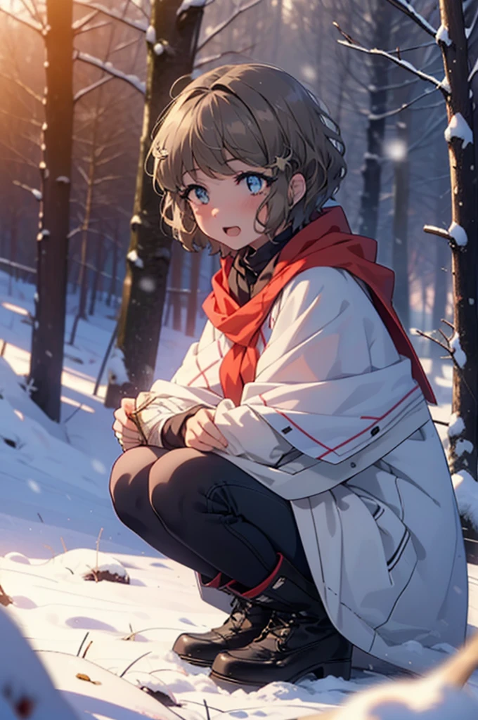 tomoekoga, Chie Koga, short hair, Brown Hair, blue eyes, hair band,smile,blush,White Breath,Medium Chest,
Open your mouth,snow,Ground bonfire, Outdoor, boots, snowing, From the side, wood, suitcase, Cape, Blurred, having meal, forest, White handbag, nature, Squat, Mouth closed, Cape, winter, Written boundary depth, Black shoes, red Cape break looking at viewer, Upper Body, whole body, break Outdoor, forest, nature, break (masterpiece:1.2), Highest quality, High resolution, unity 8k wallpaper, (shape:0.8), (Beautiful and beautiful eyes:1.6), Highly detailed face, Perfect lighting, Highly detailed CG, (Perfect hands, Perfect Anatomy),