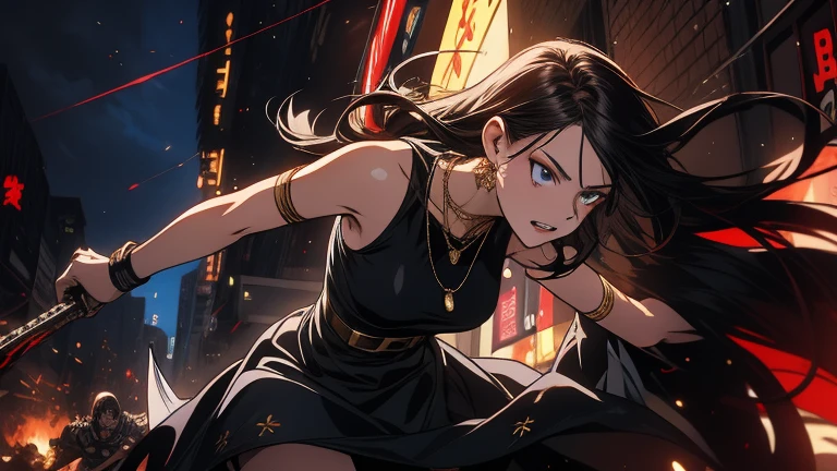 Akira, with long black hair and pale skin, wearing a sleeveless black mini dress and a necklace, anime character, fighting vs demon monsters, action dynamic scene, blood, in an epic battle scene in inside a destroyed modern shopping mall ultra-detailed, 8k, photorealistic, portrait, dramatic lighting, cinematic, highly detailed face, elegant, intricate details, striking pose, vibrant colors, dramatic shadows, hyper-realistic, masterpiece