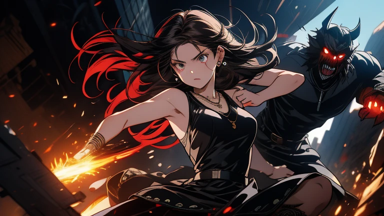 Akira, with long black hair and pale skin, wearing a sleeveless black mini dress and a necklace, anime character, fighting vs demon monsters, action dynamic scene, blood, in an epic battle scene in inside a destroyed modern shopping mall ultra-detailed, 8k, photorealistic, portrait, dramatic lighting, cinematic, highly detailed face, elegant, intricate details, striking pose, vibrant colors, dramatic shadows, hyper-realistic, masterpiece