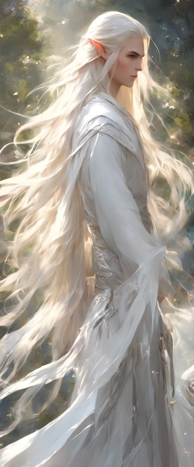 Character (white long hair) (white pale skin) (mystical seer-style clothing) (character in dynamic pose) (perspective angle) (full body) (ethereal background) (warm vibes)