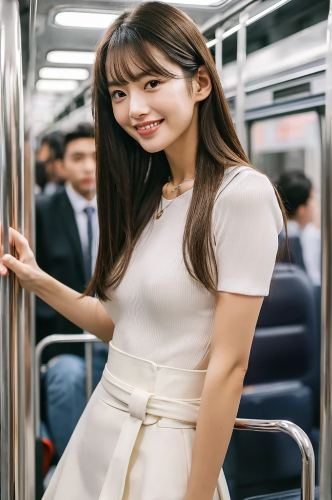 A packed train, a woman commuting to work, in a suit, people standing without gaps, ((full body)), ((photo)), ((best qualtiy, 8K, tmasterpiece:1.3)), Focus:1.2, perfect figure beautiful girl:1.4, 1girl, cowboy shot, look at viewer, incredibly absurd, beautiful and cute girl with a photorealistic face, showcasing top-quality craftsmanship, A Japanese woman looking cramped on a crowded train, 20 years old, long dark brown hair that falls to her shoulders, long shiny hair, with bangs, side parted hairstyle, brown eyes, round face, small nose, cherry red lips, bright smile, white teeth, smooth skin, healthy complexion, small ears, natural eyebrows, long eyelashes, slim, well-balanced proportions, moderate muscle, slim waist, round hips, supple limbs, short nails, beautiful C cup breasts, white blouse, black tight skirt, heeled pumps, silver necklace and bracelet, black belt, pretty older woman, beautiful, neat, soothing, cute voice, polite, kind-hearted, responsible, positive, optimistic, sociable, good communication skills, April