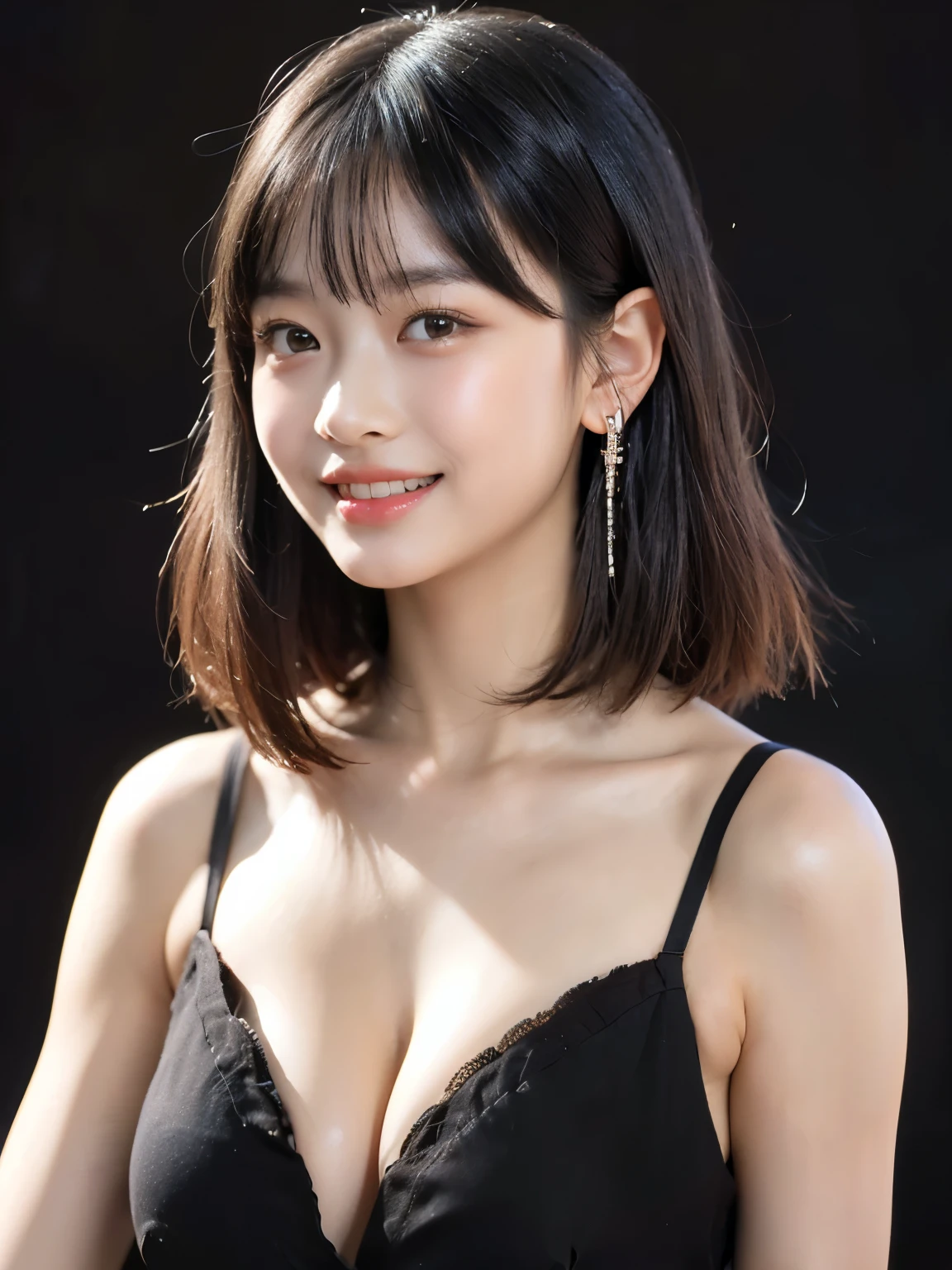 (SFW:1.5),(masterpiece, best quality),1 girl, Cute beauties、28 years old、alone,  looking at the audience,  (((gray hair)))、Highly detailed shiny short bob hairstyle:1.4, Short hair:1.8、beautiful symmetrical face、Beautiful and attractive woman、go for it, Lips, forehead, outdoor, Shut up, upper body、big eyes、Eyelashes、((very simple black background:1.8))、(((looking at the audience、show me your ears、long neck、laugh、laugh)))、ideal body type、(((Huge big , split:1.6、Happy laugh、beautiful teeth)))、(((anatomically correct:1.5)))、（perfect body proportions)、 ((round face)), realistic eye size, big eyes、droopy eyes