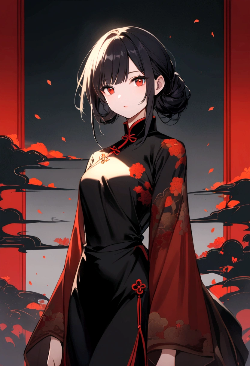 Woman with black hair, Eyes red, wearing a black chinese oriental style dress, alone looking at the viewer