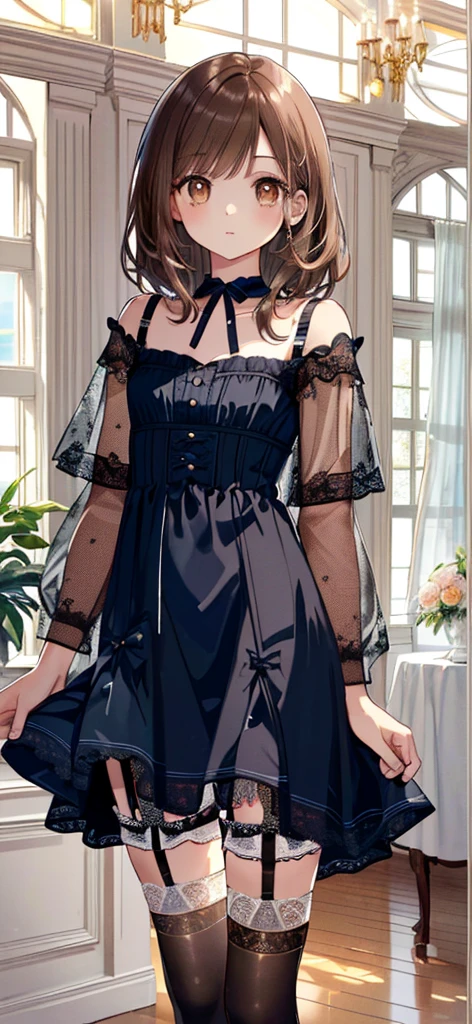 ((masterpiece)), ((best quality)), ((ultra detailed)), ((kawaii)), cute, (lovely), ((extremely detailed)), ((8K)), (beautiful), full body, luxury room, a cute girl, 1girl, solo, blue mini camisole dress,beautiful light brown hair, ((detailed beautiful brown eyes)), white-skinned, flat breast, tiny breast, garter belt,(garter stockings:1.4),pink eyeshadow