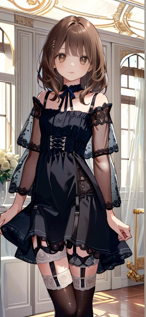((masterpiece)), ((best quality)), ((ultra detailed)), ((kawaii)), cute, (lovely), ((extremely detailed)), ((8K)), (beautiful), full body, luxury room, a cute girl, 1girl, solo, blue mini camisole dress,beautiful light brown hair, ((detailed beautiful brown eyes)), white-skinned, flat breast, tiny breast, garter belt,(garter stockings:1.4),pink eyeshadow