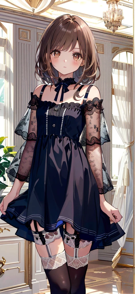 ((masterpiece)), ((best quality)), ((ultra detailed)), ((kawaii)), cute, (lovely), ((extremely detailed)), ((8K)), (beautiful), full body, luxury room, a cute girl, 1girl, solo, blue mini camisole dress,beautiful light brown hair, ((detailed beautiful brown eyes)), white-skinned, flat breast, tiny breast, garter belt,(garter stockings:1.4),pink eyeshadow