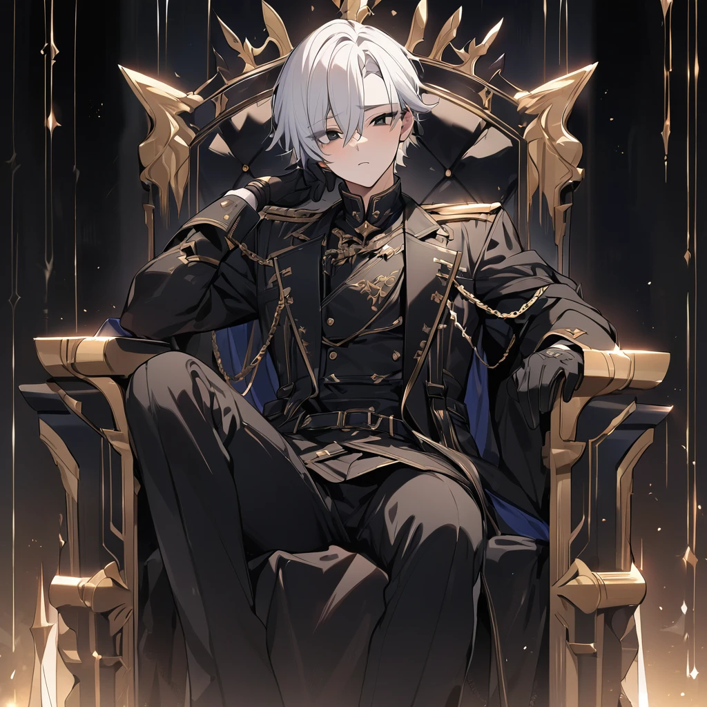 High quality, hd, 4k, 1male, 17years old, white hair, black eyes, black leather clothing, black pants, black gloves, golden lines, sitting on a throne, black throne,