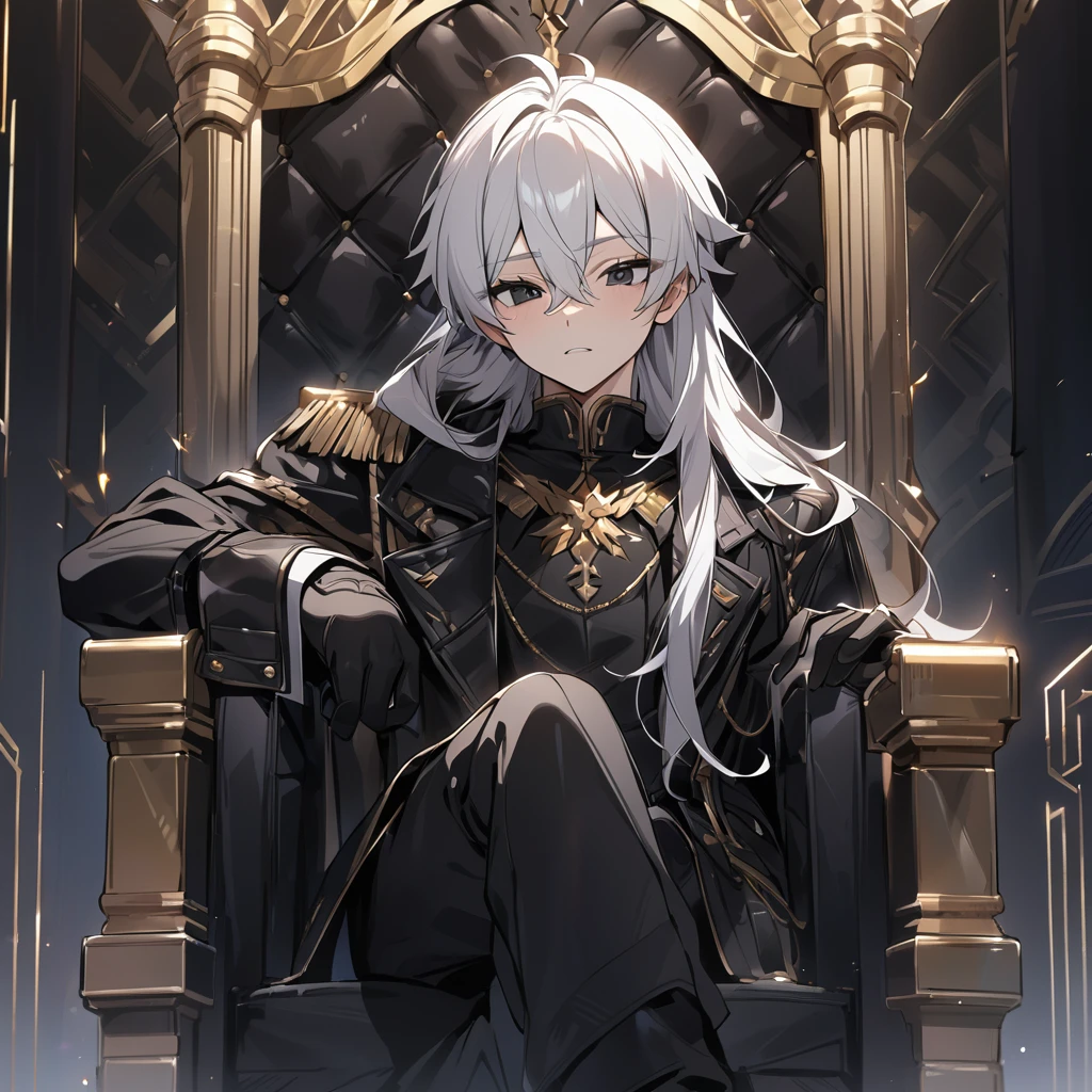 High quality, hd, 4k, 1male, , white hair, black eyes, black leather clothing, black pants, black gloves, golden lines, sitting on a throne, black throne,