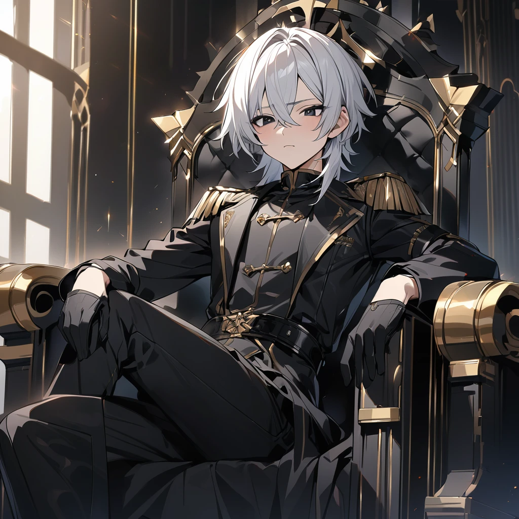 High quality, hd, 4k, 1male, ars old, white hair, black eyes, black leather clothing, black pants, black gloves, golden lines, sitting on a throne, black throne,