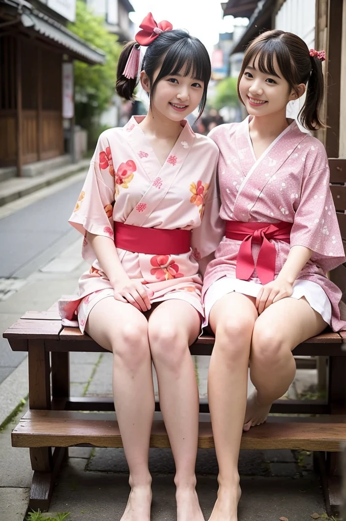 2 girls on wooden bench in old-Japanese street,floral pink yukata with red obi,18-year-old,bangs,a little smile,thighs,knees,short hair and low pigtails with red ribbon bow,from before,front light