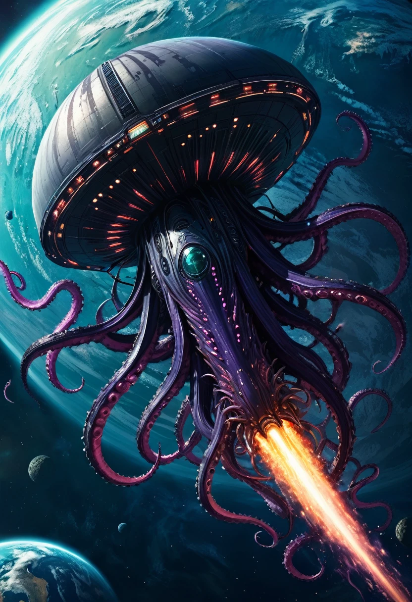 eldritch spaceship destroying planet from orbit, tentacles, ????, danger, mysterious