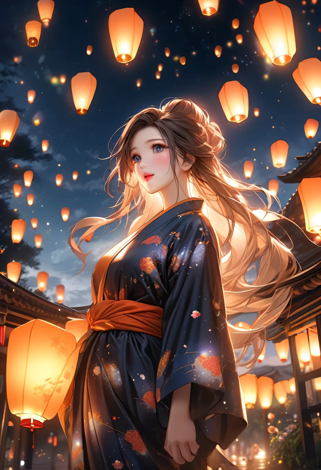 beautiful cute girl looking up at the night sky, flowing yukata, updo, sky-lantern festival, Sky-lanterns, a fantastic sight where countless sky-lanterns decorate the night sky, dark moody atmosphere, (highest quality,16k,highres,masterpiece:1.2),ultra-detailed,(ultra-realistic,photorealistic,photo-realistic:1.37),night sky, dark tones, floating sky-lanterns, soft lighting, serene, atmospheric, whimsical, dreamlike, magical realism, long flowing hair, through bangs, Beautiful attention to detail, Beautiful lip detail, Highly detailed face, detailed facial features, long lashes, shining eyes, nijistyle,cute girl,woman