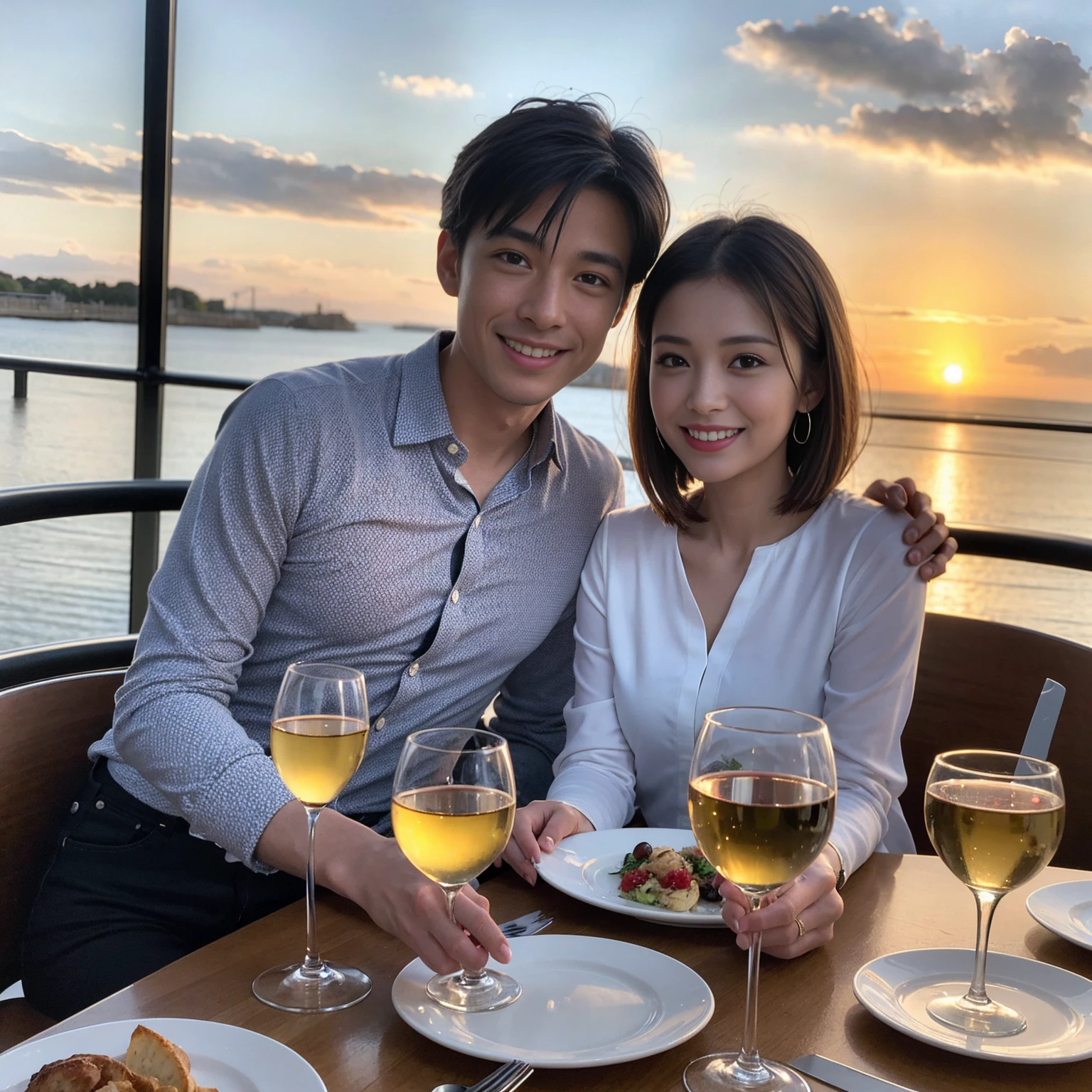 ((Highest quality、8K、masterpiece:1.3))、 (Ultra-realistic、 Genuine、Bright image、Intricate details:1.2), 最高のsmile、1 male 1 female、Beautiful couple、love love love、A lover who resembles Alice Hirose、Good friends、actress couple、smile、Full-course dinner at a packed table、 (Slim face), (the body is slim), (Brown Hair), (short hair), テーブルのwine glass、Please shine a light on my face、 Amazing view of the sunset sky and clouds、35 years old 39 years old, red wine 、Appetizers、Wine bottle、sparkling wine、Long sleeve shirt、dress、White wine, red wine, wine glass, 