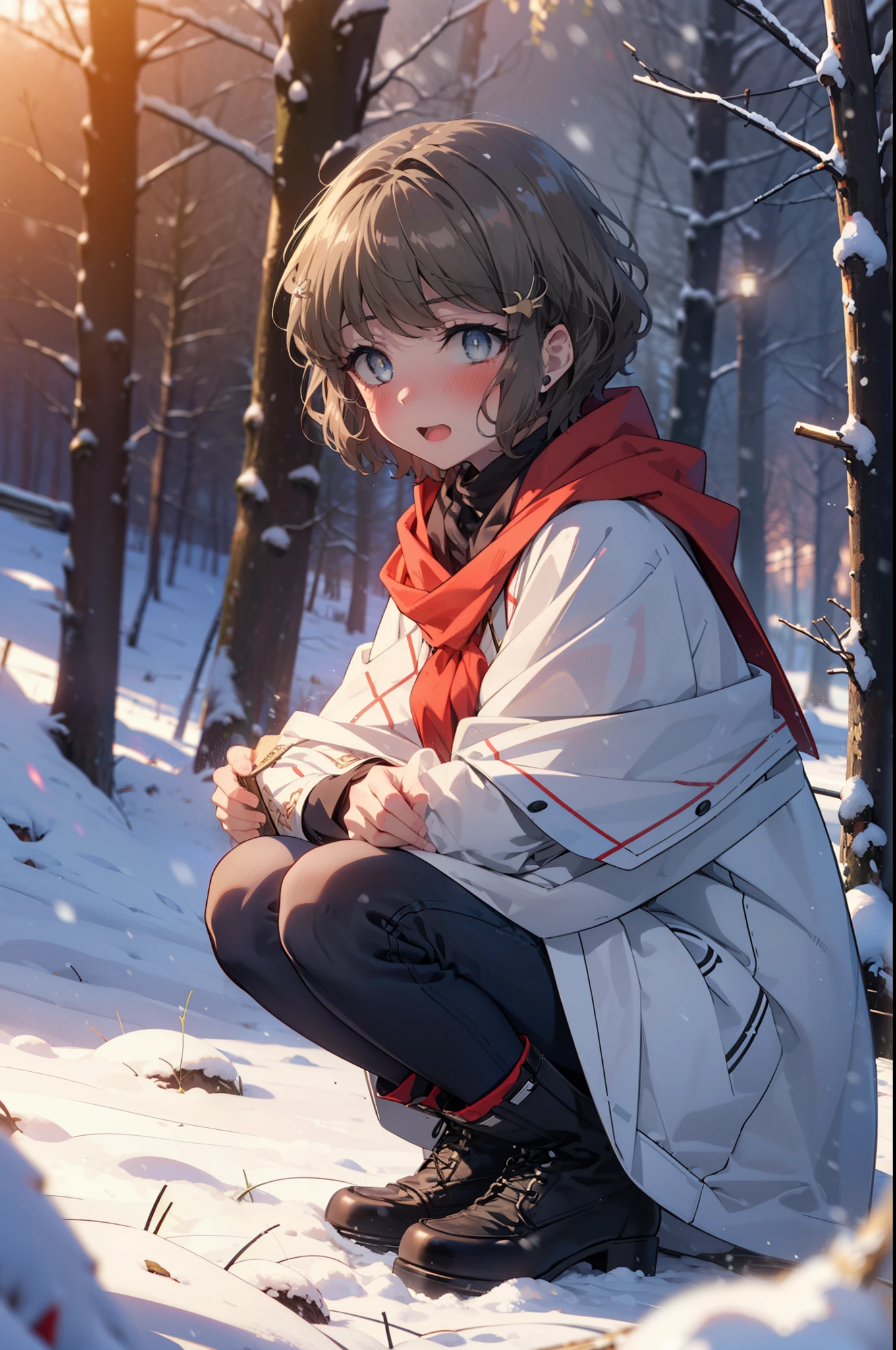 tomoekoga, Chie Koga, short hair, Brown Hair, blue eyes, hair band,smile,blush,White Breath,Medium Chest,
Open your mouth,snow,Ground bonfire, Outdoor, boots, snowing, From the side, wood, suitcase, Cape, Blurred, having meal, forest, White handbag, nature, Squat, Mouth closed, Cape, winter, Written boundary depth, Black shoes, red Cape break looking at viewer, Upper Body, whole body, break Outdoor, forest, nature, break (masterpiece:1.2), Highest quality, High resolution, unity 8k wallpaper, (shape:0.8), (Beautiful and beautiful eyes:1.6), Highly detailed face, Perfect lighting, Highly detailed CG, (Perfect hands, Perfect Anatomy),