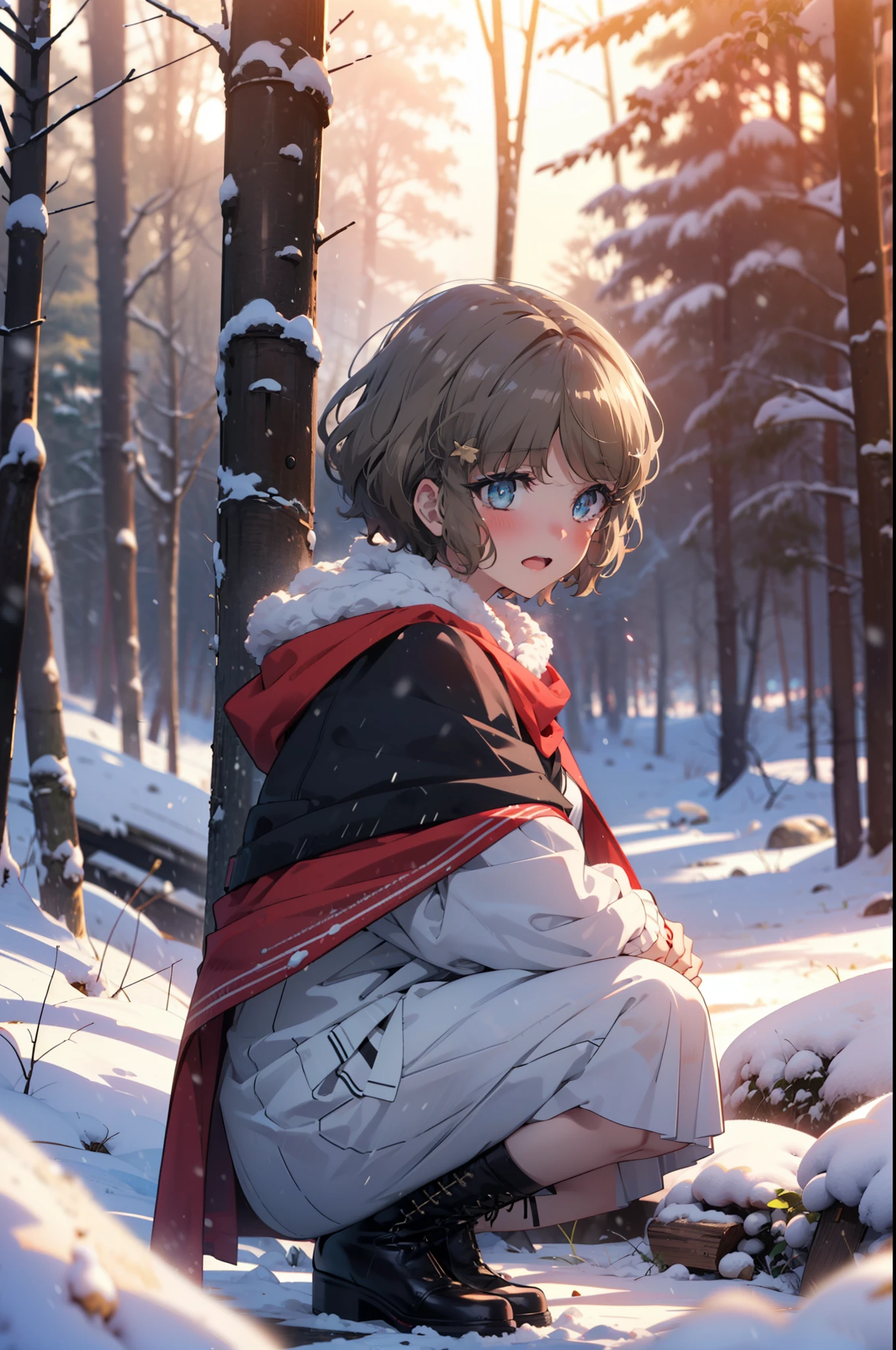 tomoekoga, Chie Koga, short hair, Brown Hair, blue eyes, hair band,smile,blush,White Breath,Medium Chest,
Open your mouth,snow,Ground bonfire, Outdoor, boots, snowing, From the side, wood, suitcase, Cape, Blurred, having meal, forest, White handbag, nature, Squat, Mouth closed, Cape, winter, Written boundary depth, Black shoes, red Cape break looking at viewer, Upper Body, whole body, break Outdoor, forest, nature, break (masterpiece:1.2), Highest quality, High resolution, unity 8k wallpaper, (shape:0.8), (Beautiful and beautiful eyes:1.6), Highly detailed face, Perfect lighting, Highly detailed CG, (Perfect hands, Perfect Anatomy),