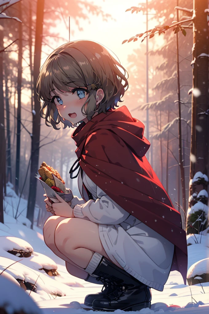 tomoekoga, Chie Koga, short hair, Brown Hair, blue eyes, hair band,smile,blush,White Breath,Medium Chest,
Open your mouth,snow,Ground bonfire, Outdoor, boots, snowing, From the side, wood, suitcase, Cape, Blurred, having meal, forest, White handbag, nature, Squat, Mouth closed, Cape, winter, Written boundary depth, Black shoes, red Cape break looking at viewer, Upper Body, whole body, break Outdoor, forest, nature, break (masterpiece:1.2), Highest quality, High resolution, unity 8k wallpaper, (shape:0.8), (Beautiful and beautiful eyes:1.6), Highly detailed face, Perfect lighting, Highly detailed CG, (Perfect hands, Perfect Anatomy),