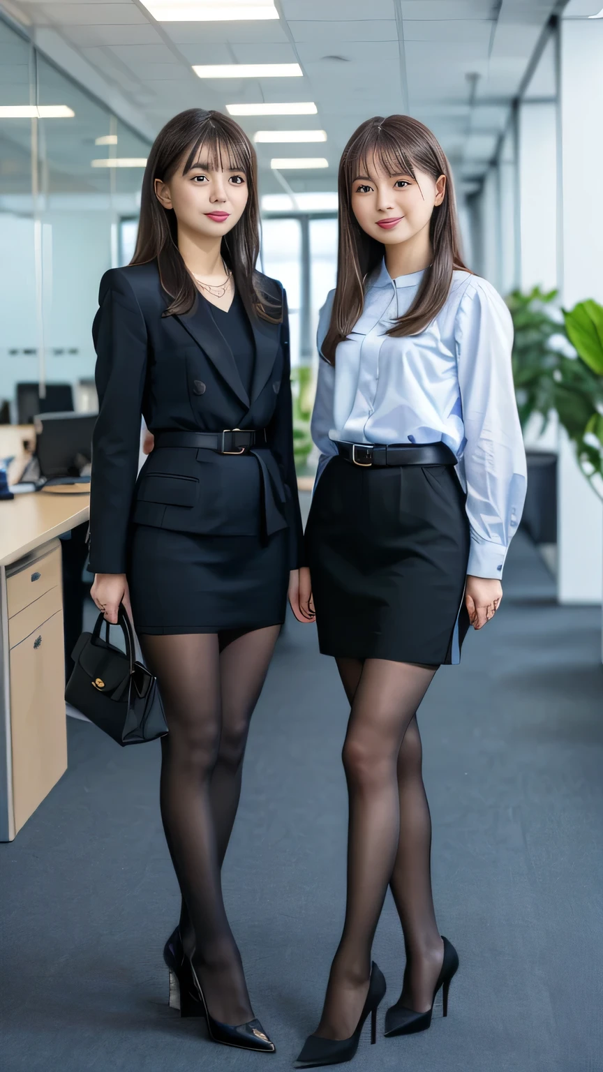 Highest quality, masterpiece, Realistic, Very detailed, Ultra-high resolution, to be born:1.3), (Two women standing side by side 1.5), beautiful, （tights、pumps） 28 years old, office workers, violet| Sky blue} Clothes), (smile), (bangs), high waist, necklace, (office, indoor, ), (Long legs, High heels, whole body:1.2), (Medium Chest:1.3), (crowd)tights、