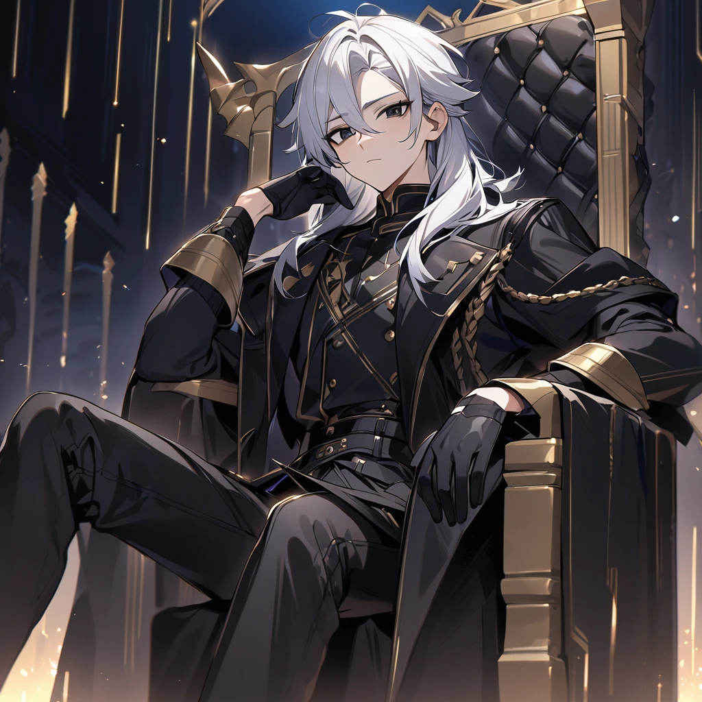 High quality, hd, 4k, 1male, 17years old, white hair, black eyes, black leather clothing, black pants, black gloves, golden lines, sitting on a throne, black throne, night background, moon