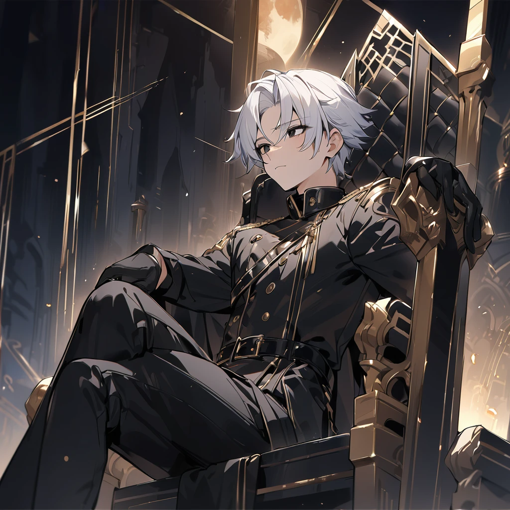 High quality, hd, 4k, 1male, 17years old, white hair, black eyes, black leather clothing, black pants, black gloves, golden lines, sitting on a throne, black throne, night background, moon