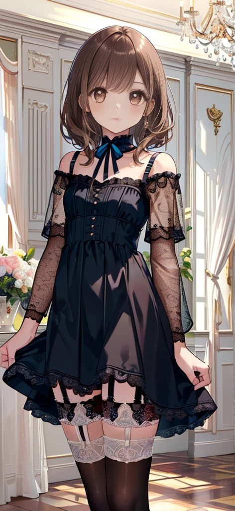 ((masterpiece)), ((best quality)), ((ultra detailed)), ((kawaii)), cute, (lovely), ((extremely detailed)), ((8K)), (beautiful), full body, luxury room, a cute girl, 1girl, solo, blue mini camisole dress,beautiful light brown hair, ((detailed beautiful brown eyes)), white-skinned, flat breast, tiny breast, garter belt,(garter stockings:1.4),pink eyeshadow