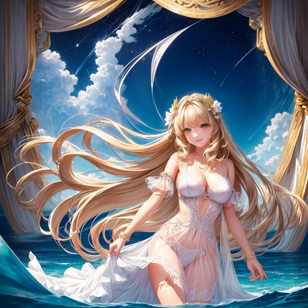 ( Absurd , High quality , ultra detailed, careful with hand )Zodiac - Gemini goddess , similar to latin goodness , Solo . Curious, skillful, humorous, seductive, imaginative face , Sometimes impractical, restless, nervous, careless style , mature , light brown eyes , long hair , light blonde hair , transparent dress , lace lingerie , in the ocean with wind , whole body , flirty look ,