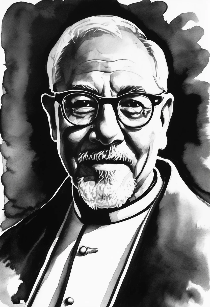 black and white draw of a priest in his 60s with white short hair and a goatee, thin glasses, in the art style of Dino Battaglia, black and white, high contrast, ink wash painting