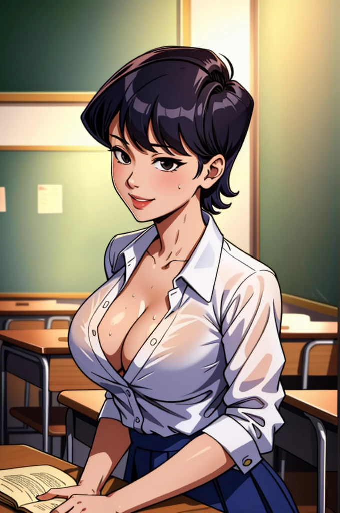 (masterpiece, best quality), intricate details, 1girl, komi shuuko, white shirt, classroom, seductive smile,cleavage, sweaty,