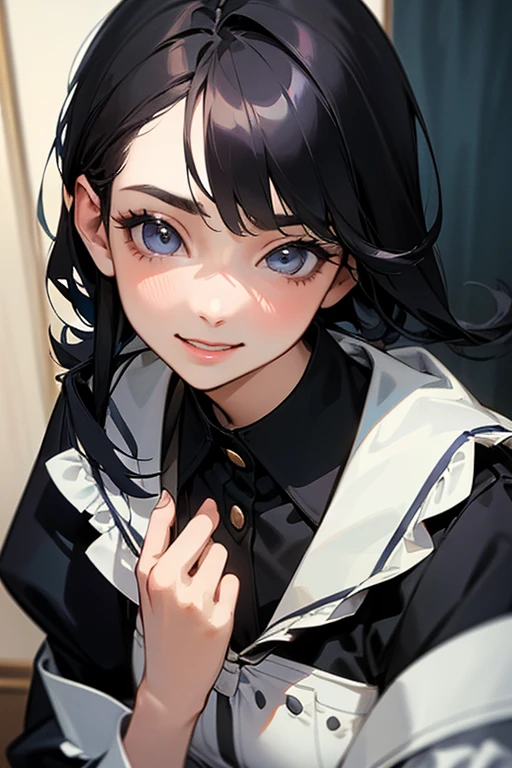 (Highest Resolution, clear_image) Highest quality, One woman, alone, masterpiece, Very detailed, Semi-realistic, Black Hairのショートヘア, Black Hair, bangs, 18-year-old, mature, light blue uniform, uniform, Indoor Background, kind, Authoritative, Powerful, exquisite features, exquisite features、Eyelashes become longer、Showing teeth、smile😀、Maid clothes、woman'Fingers in the、Sleeping on the sofa、Long Hair、Fluttering in the wind、Navy blue clothes、Long Hair、I'Carrying the plate、Long Hair、Laugh gently、Braiding、