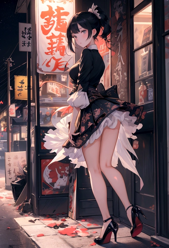 8k,((looking at the camera in:1.2)),(nearing perfection:1.4),dynamic,smooth private parts,Focus sharp,Lighting,Vibrant brushstrokes, bold colour,Be expressive, Emotional, offcial art,Unity8k wallpaper,ultra - detailed,Beautiful and beautiful,tmasterpiece,Best quality at best,1 girl,beautiful eyes,The content is very detailed,dynamic,(Ruffled skirt),(medium:1.3),Chaos in its most beautiful form,Elegant,designs,Vibrant colors,(Corner store,fleeing,the night,shoe),