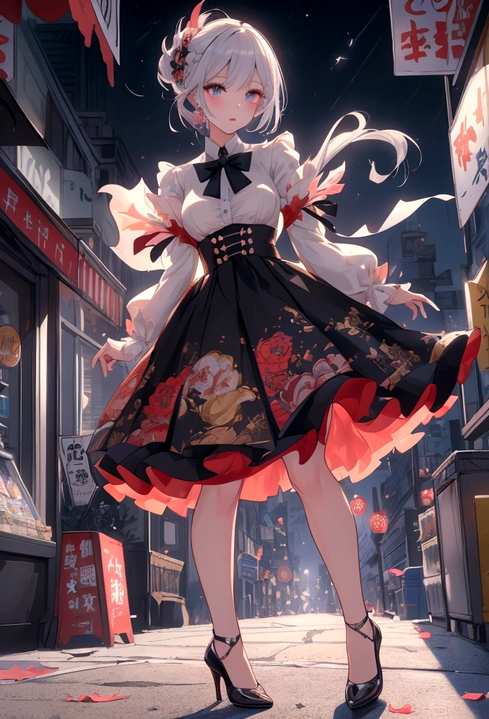 8k,((looking at the camera in:1.2)),(nearing perfection:1.4),dynamic,smooth private parts,Focus sharp,Lighting,Vibrant brushstrokes, bold colour,Be expressive, Emotional, offcial art,Unity8k wallpaper,ultra - detailed,Beautiful and beautiful,tmasterpiece,Best quality at best,1 girl,beautiful eyes,The content is very detailed,dynamic,(Ruffled skirt),(medium:1.3),Chaos in its most beautiful form,Elegant,designs,Vibrant colors,(Corner store,fleeing,the night,shoe),