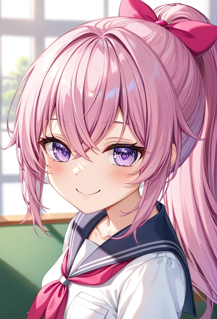 (((masterpiece)))(((Highest quality)))(((8K)))(((4K)))One Little Girl、10 years old、Straight Hair、(Pink Hair)Pink high ponytail、Ribbon on head、Crossed bangs、Light purple eyes、Squint your eyes、((Smile with your mouth closed))、(((Cute school uniforms)))、Small breasts, 、turn around、Upper Body、Anime Style