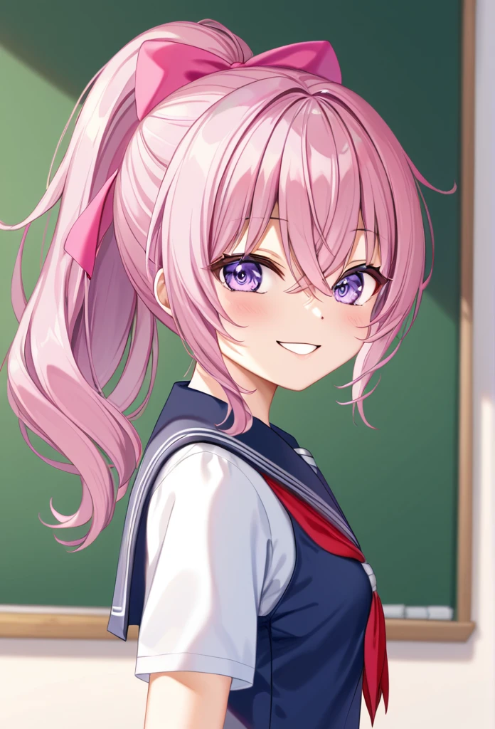 (((masterpiece)))(((Highest quality)))(((8K)))(((4K)))One Little Girl、10 years old、Straight Hair、(Pink Hair)Pink high ponytail、Ribbon on head、Crossed bangs、Light purple eyes、Squint your eyes、((Smile with your mouth closed))、(((Cute school uniforms)))、Small breasts, from behind、turn around、Upper Body、Anime Style