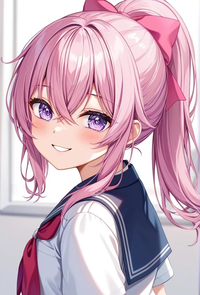 (((masterpiece)))(((Highest quality)))(((8K)))(((4K)))One Little Girl、10 years old、Straight Hair、(Pink Hair)Pink high ponytail、Ribbon on head、Crossed bangs、Light purple eyes、Squint your eyes、((Smile with your mouth closed))、(((Cute school uniforms)))、Small breasts, from behind、turn around、Upper Body、Anime Style