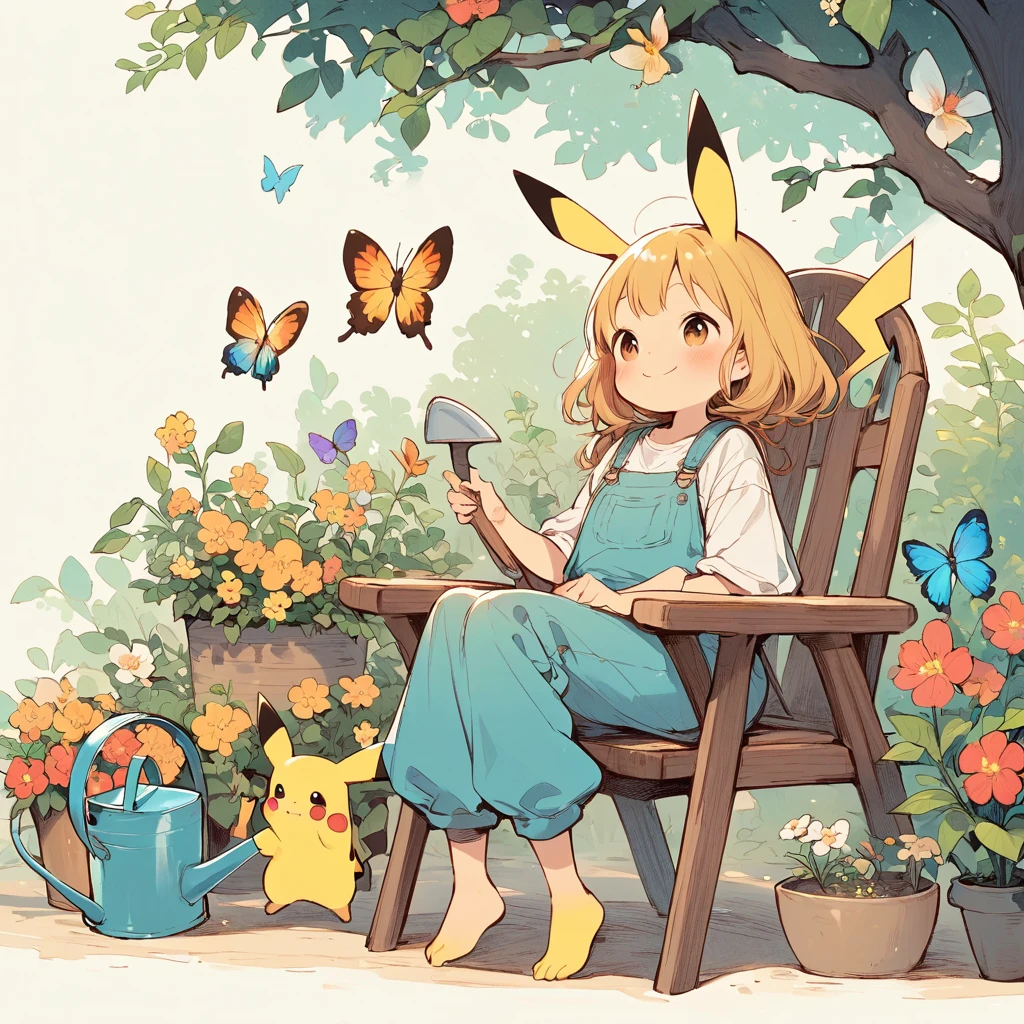 Draw a delightful illustration of Pikachu relaxing in a garden chair. Pikachu should be surrounded by blooming flowers and greenery, sitting comfortably with a smile. Include details like a watering can, garden tools, and butterflies flying around. The overall vibe should be fresh and lively.