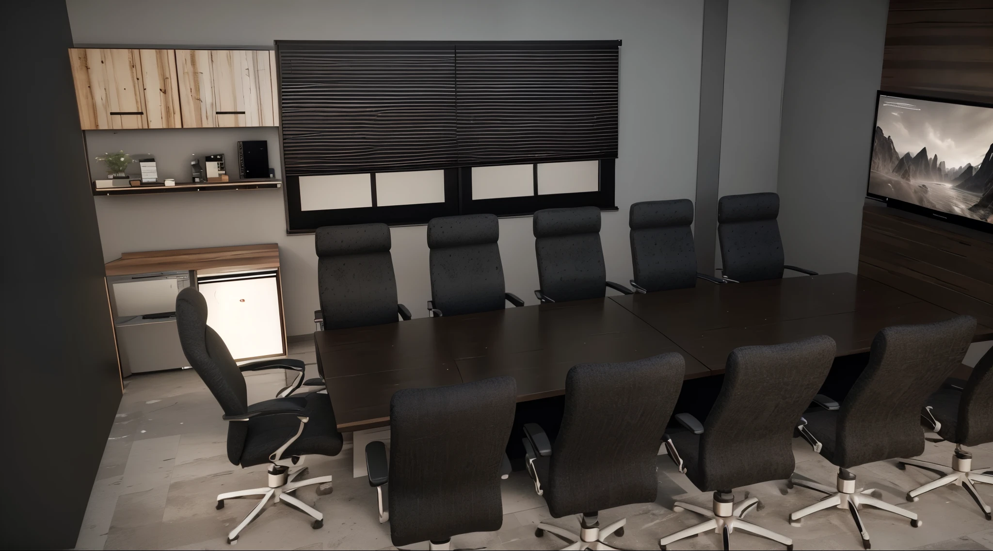 render 8k, high realism, Cinema 4k, 3d, High definition, meeting room, neutral lighting, with warm color LED on the TV Panel.