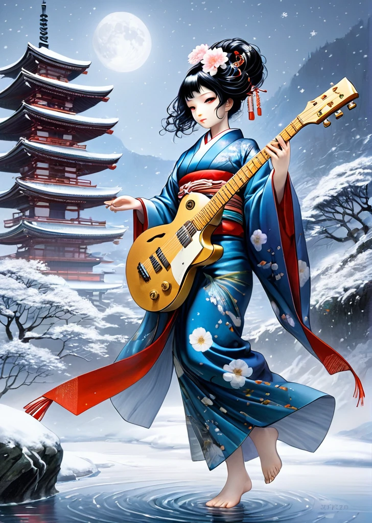 1 girl
mechanical arms
geisha
kimono
(Art by Yoshitaka Amano )、 (play the guitar女の子、Extremely elaborate hands:1.2)snowy winter、The grounds overlooking the waterfall of Kiyomizu-dera Temple、play the guitar(Highly detailed feet:1.3)thaw season、dynamism(Late at night、The moon shines、Beautiful Night:1.5)、whole body
