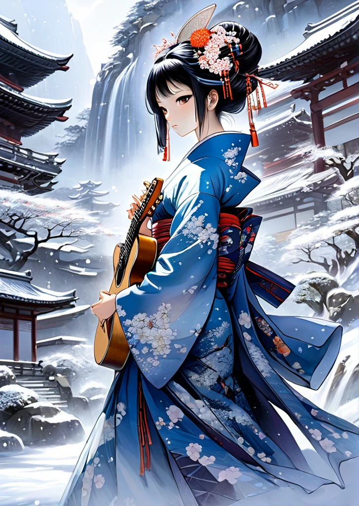 1  girl
mechanical arms
geisha
kimono
(Art by Yoshitaka Amano )、 （play the guitar女の子、Extremely elaborate hands:1.2）snowy winter、The grounds overlooking the waterfall of Kiyomizu-dera Temple、play the guitar（Highly detailed feet:1.3）thaw season、dynamism（Late at night、The moon shines、Beautiful Night:1.5）、whole body