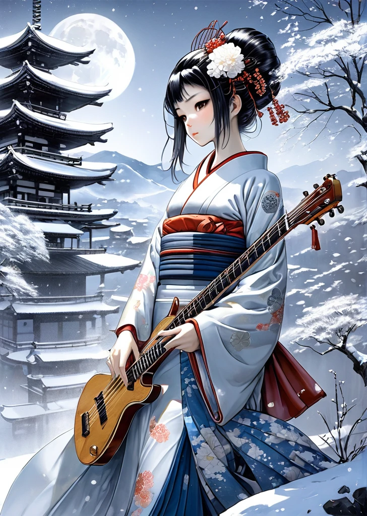 1  girl
mechanical arms
geisha
kimono
(Art by Yoshitaka Amano )、 （play the guitar女の子、Extremely elaborate hands:1.2）snowy winter、The grounds overlooking the waterfall of Kiyomizu-dera Temple、play the guitar（Highly detailed feet:1.3）thaw season、dynamism（Late at night、The moon shines、Beautiful Night:1.5）、whole body